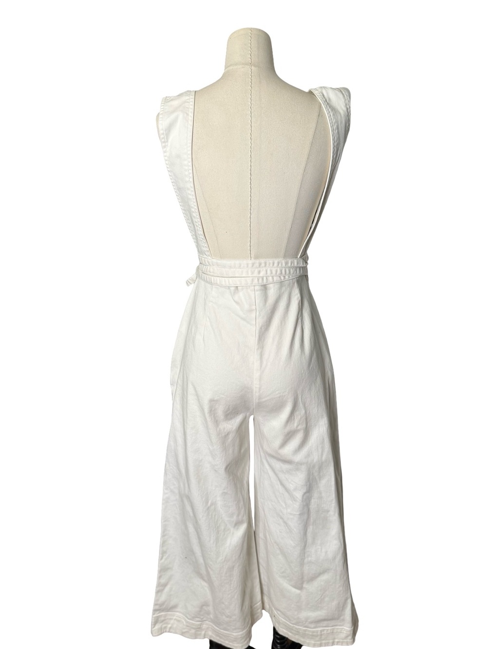 Urban Outfitters White Wide Leg Jumpsuit Small Open Back Belted Cotton - Picture 5 of 7